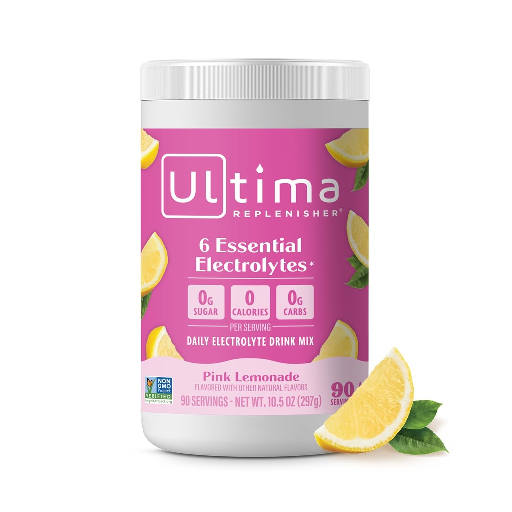 Ultima Repleniser Daily Electrolyte Powder Drink Mix – Χωρίς ζάχαρη – Pink Λεμονάδα, 90 Serving Σερβιρίσματος – Ενυδατική Σκόνη με 6 Ηλεκτρόλυτα Κλειδιού και Μεταλλικά Ίχνη – Κετο Φιλικό, Vegan, Μη ΓΤΟ