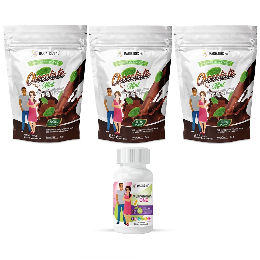 BariatricPal 90-Day Bariatric Vitamin Bundle (Multivitamin ONE "1 per Day!" Iron-Free Capsule and Calcium Citrate Soft Chews 500mg with Probiotics - Chocolate Mint)