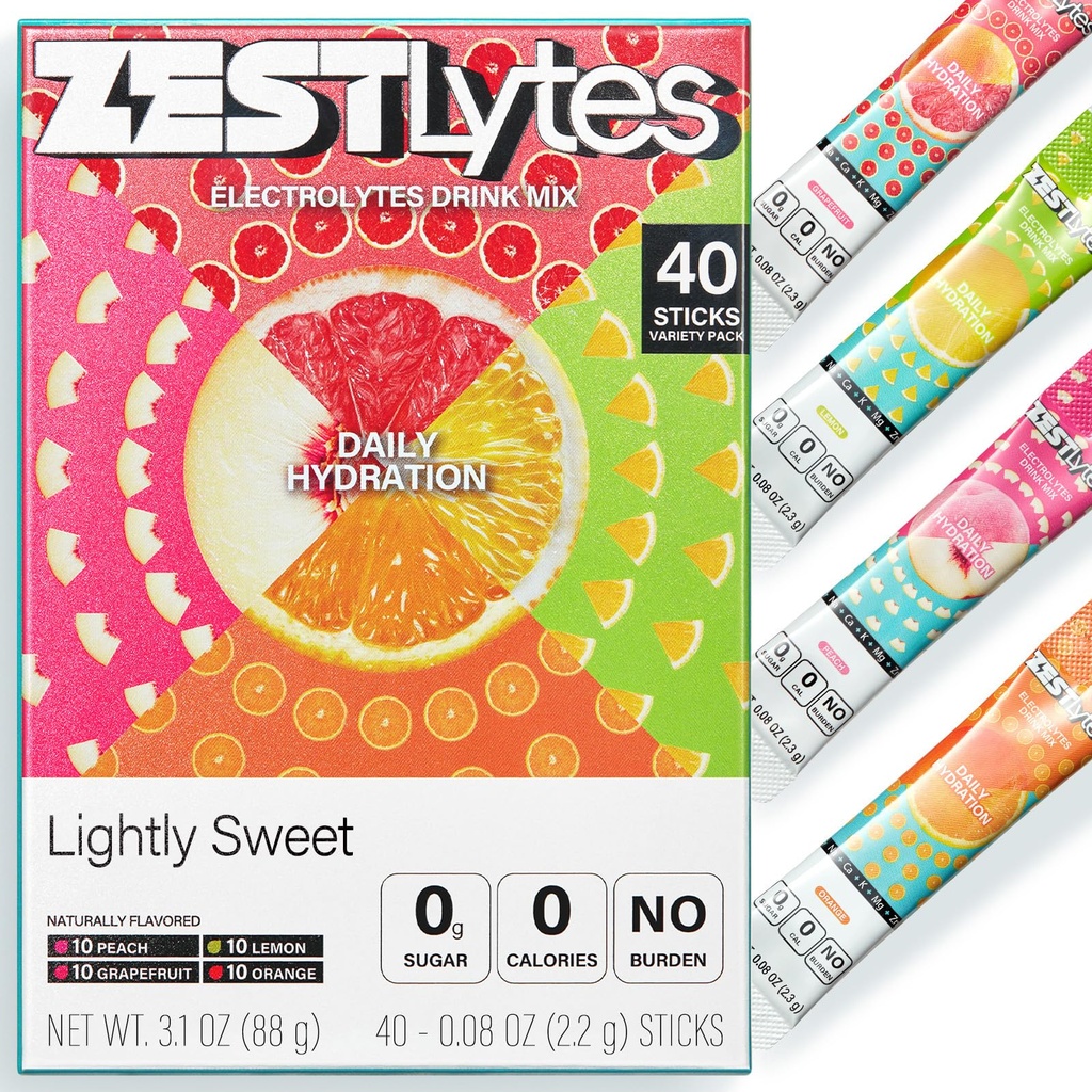 40 Sticks Low Sodium Sugar Free & 0 Calorie Electrolyte Hydration Packets, Lightly Sweet Electrolyte Powder Drink Mix, Liquid Daily IV Flavors | Lemon Orange Peach Grapefruit