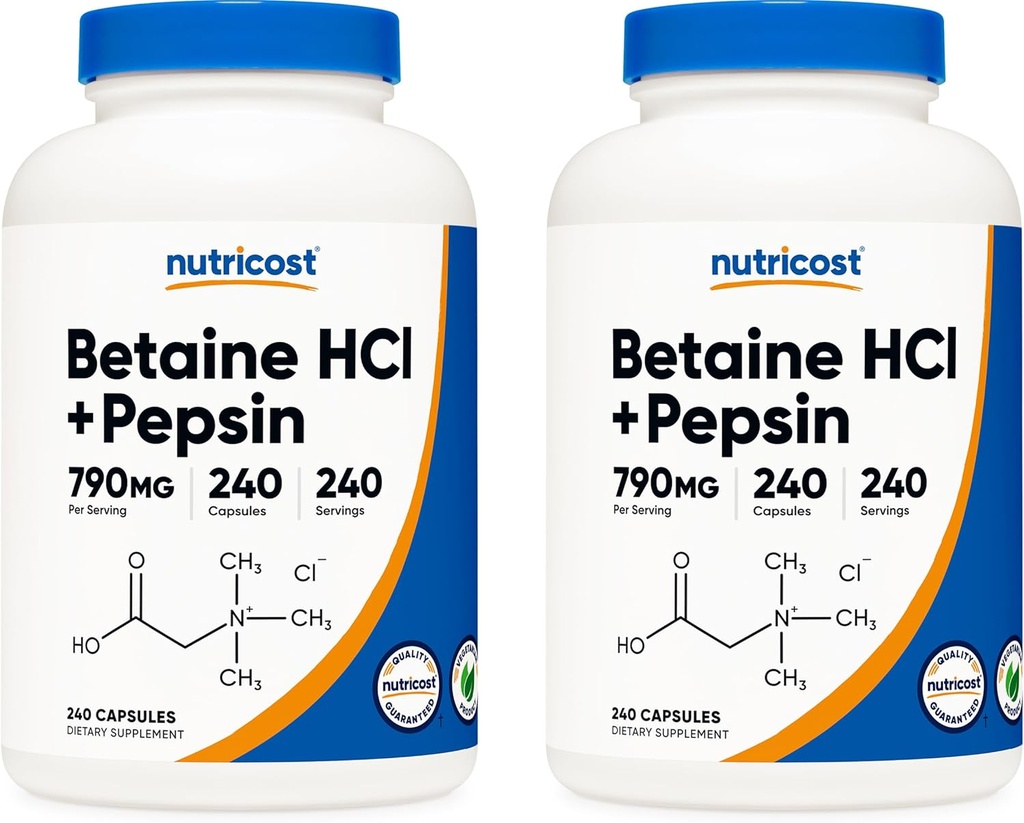 Nutricost Betaine HCl + Pepsin 790mg, 240 κάψουλες, 2 φιάλες (480 κάψουλες)