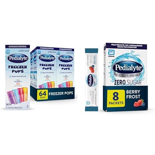 Pedialyte Hydration Bundle - 64-Count Electrolyte Freezer Pops Variety Pack (Grape, Blue Raspberry, Cherry, Orange) & Berry Frost Electrolyte Drink Mix Powder Packets, 8 Count