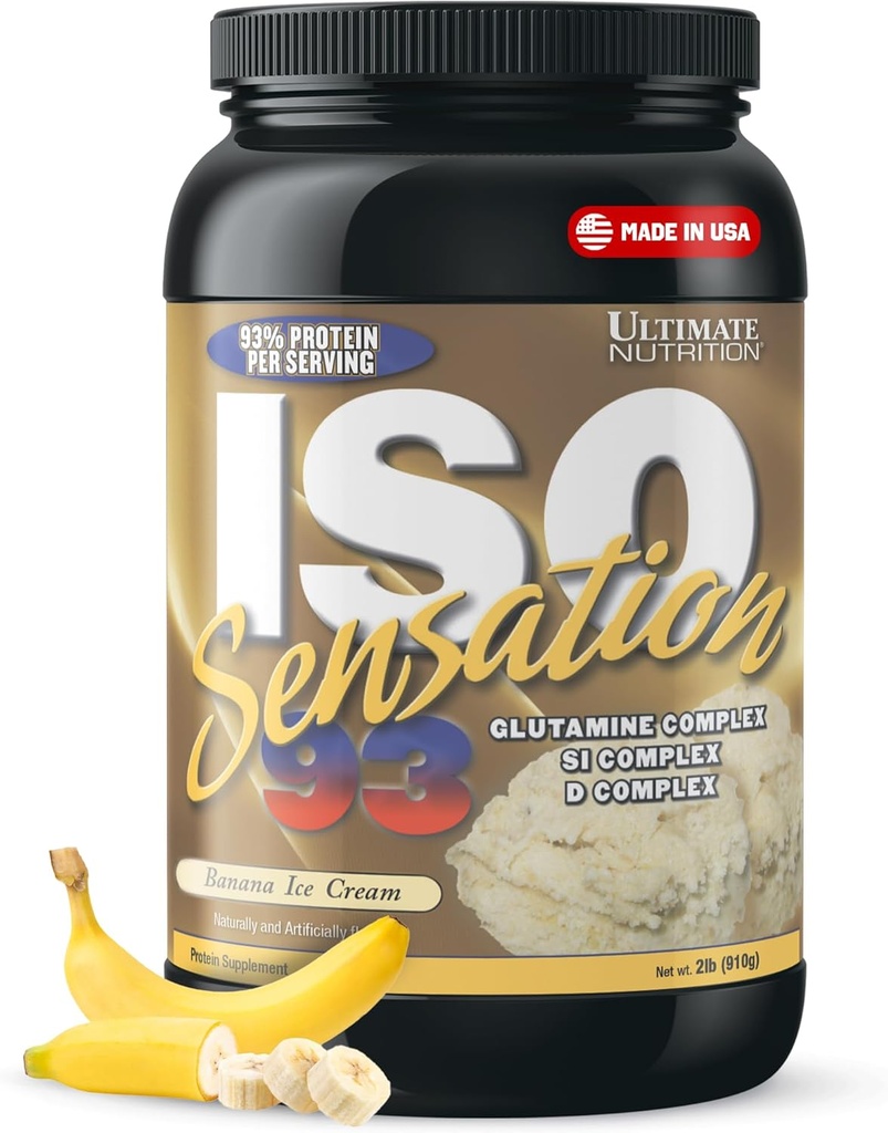 Ultimate Nutrition Whey Protein Isolate Powder with Glutamine Complex, ISO Sensation 93 - Whey Protein Powder with Added Colostrum for Enhanced Recovery, Immunity & Gut Health - Μπανάνα, 2lbs