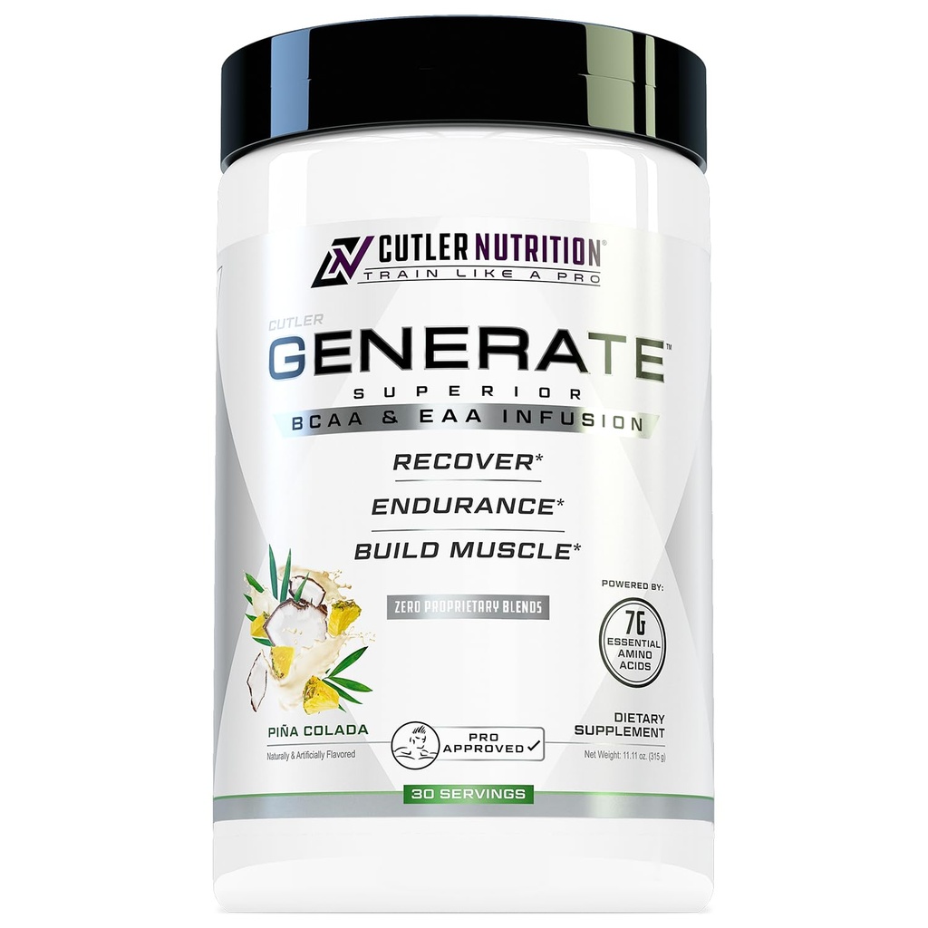 Cutler Nutrition Generate EAA and BCAA Powder: Best Branched Chain Amino Acids Supplement with Essential Amino Acids, 5g BCAAs, 2g EAAs for Lean Muscle Mass | Pina Colada, 30 Servings