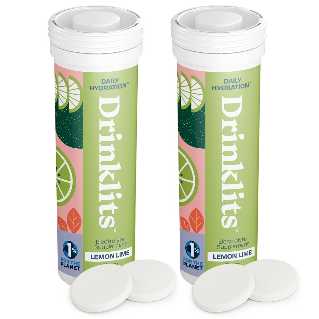 Drinklits Lemon-Lime Daily Hydration Tablets (2) Tube Bundle | Essential Electrolytes – 0g Sugar – Replenishing Hydration Drink | 20 Servings - 10 Tablets Per Tube