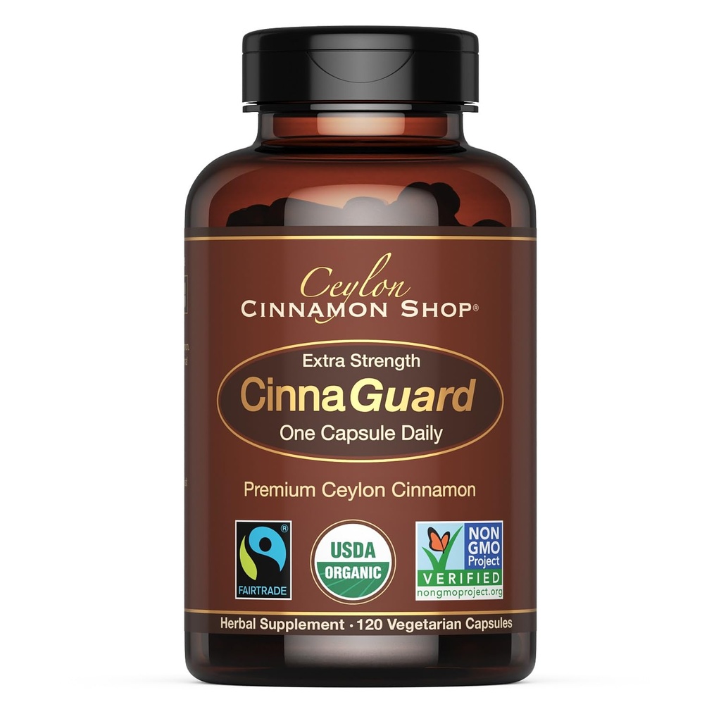 CinnaGuard™ Organic Ceylon Cinnamon Capsules, Extra Strength – 120 Count | USDA Certified Supplement, Premium Grade Clean Extract, Non-GMO, Gluten Free, 4 Month Supply, Made in the USA (GMP)