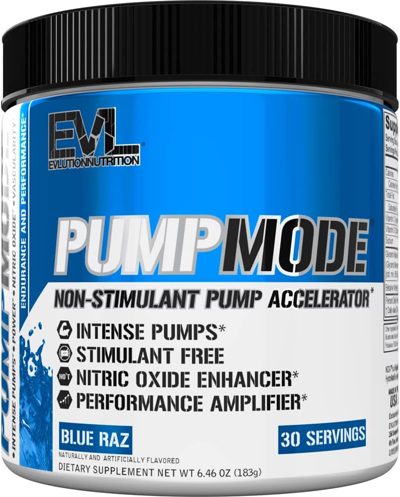 EVL PumpMode Nitric Oxide Supplement - Nitric Oxide Booster Pump Pre Workout Powder with Glycerol and Betaine for Muscle Recovery Growth and Endurance - Stim Free Pre Processing Drink (Blue Raz)