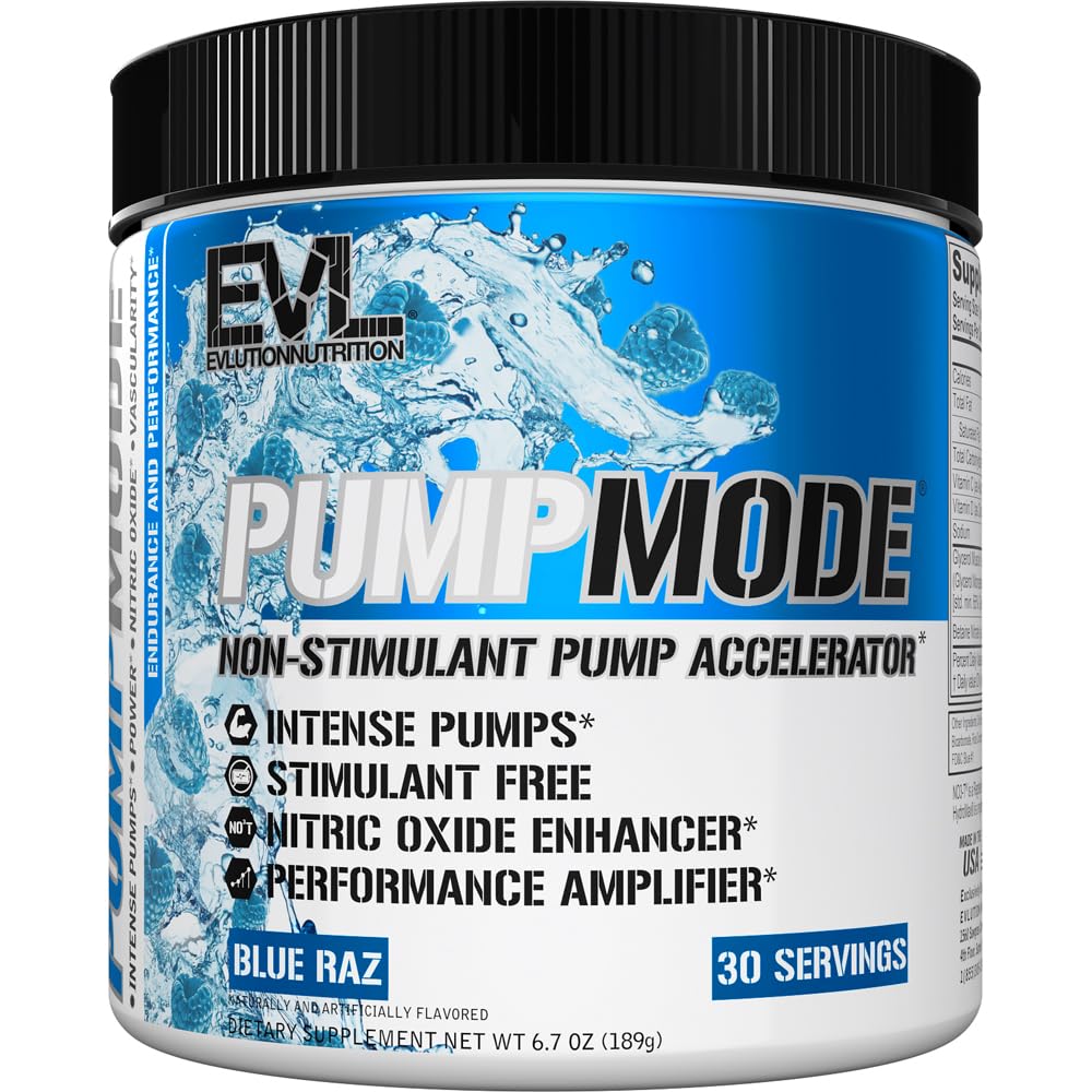 EVL PumpMode Nitric Oxide Supplement - Nitric Oxide Booster Pump Pre Workout Powder with Glycerol and Betaine for Muscle Recovery Growth and Endurance - Stim Free Pre Processing Drink (Blue Raz)