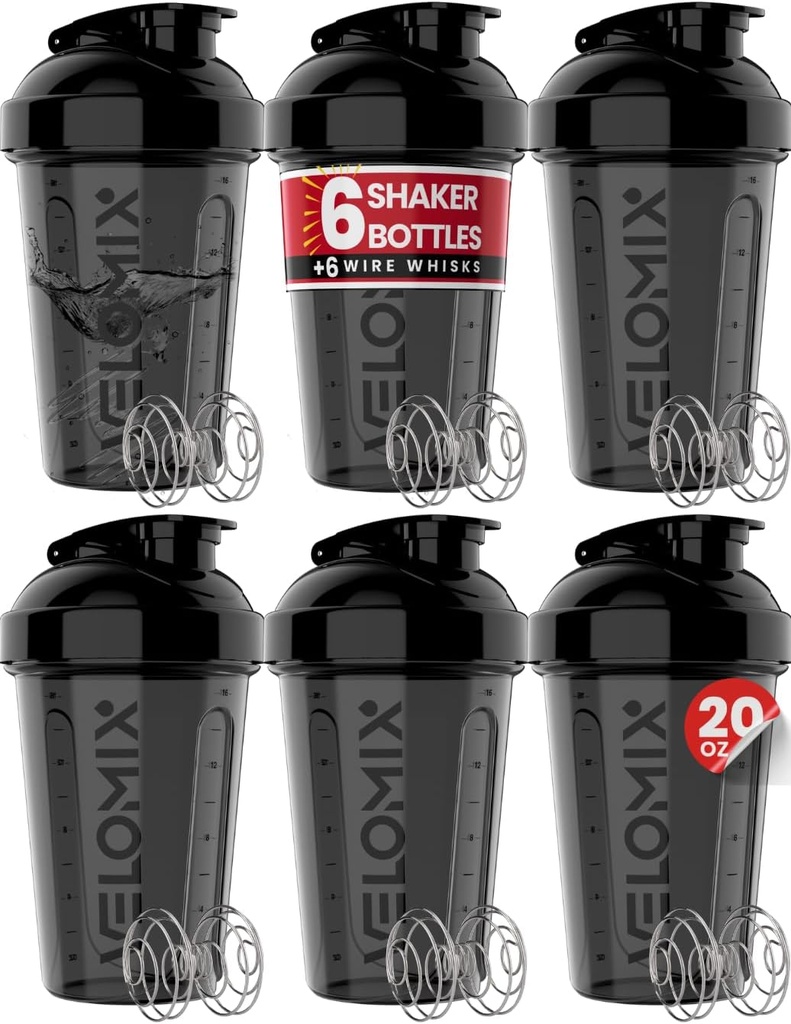 VELOMIX -6 PACK- Shakeer Cups for Protein Shakes 20 oz - 6x Wire Whisk 