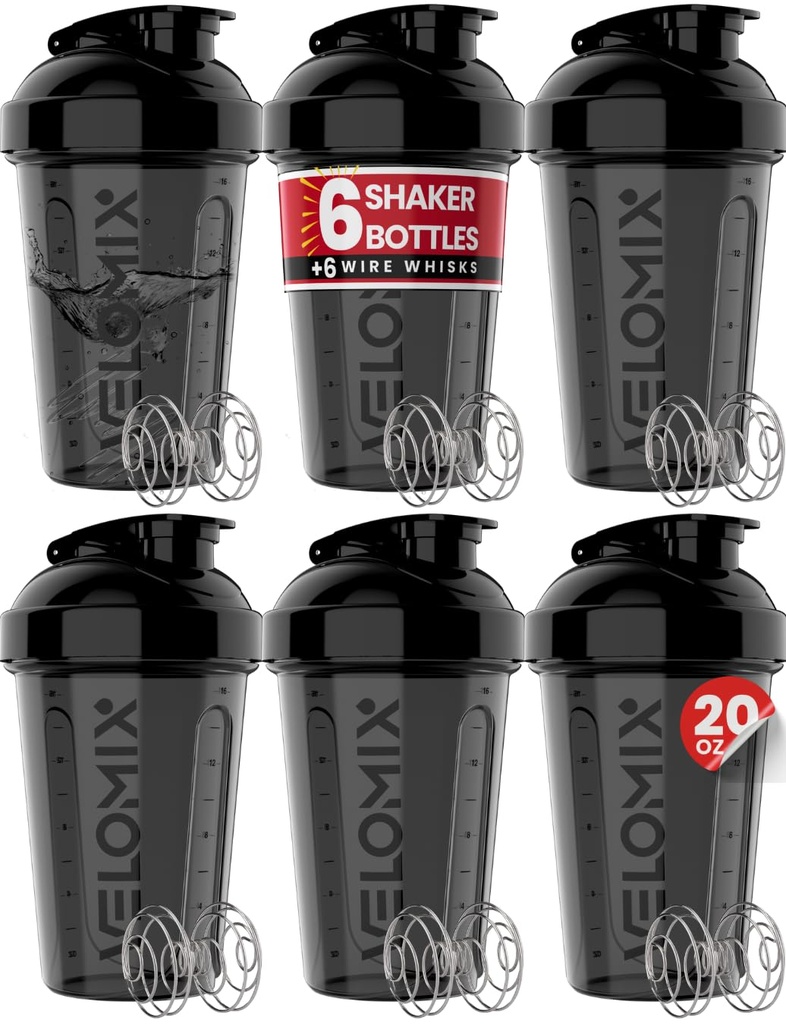 VELOMIX -6 PACK- Shakeer Cups for Protein Shakes 20 oz - 6x Wire Whisk 