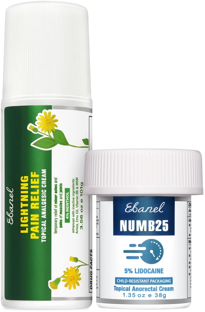 Ebanel Bundle of Numb25 Lidocaine 5% Topical Numbing Cream 1 Oz, and Pain Relief Roll On Arnica Menthol 3 Oz