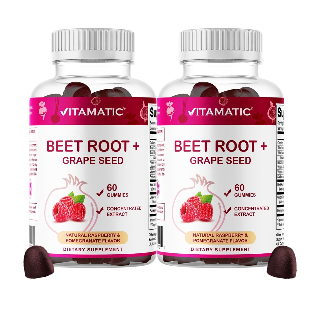 Vitamatic Beet Root Gummies - 3000mg Ισοδύναμο ανά Σερβίρισμα - 60 Gummies - Κατασκευασμένο με βιταμίνη Β6, Β12, Σπόροι σταφυλιού, Ρόδι & Νικοτιναμίδιο (πακέτο του 2)
