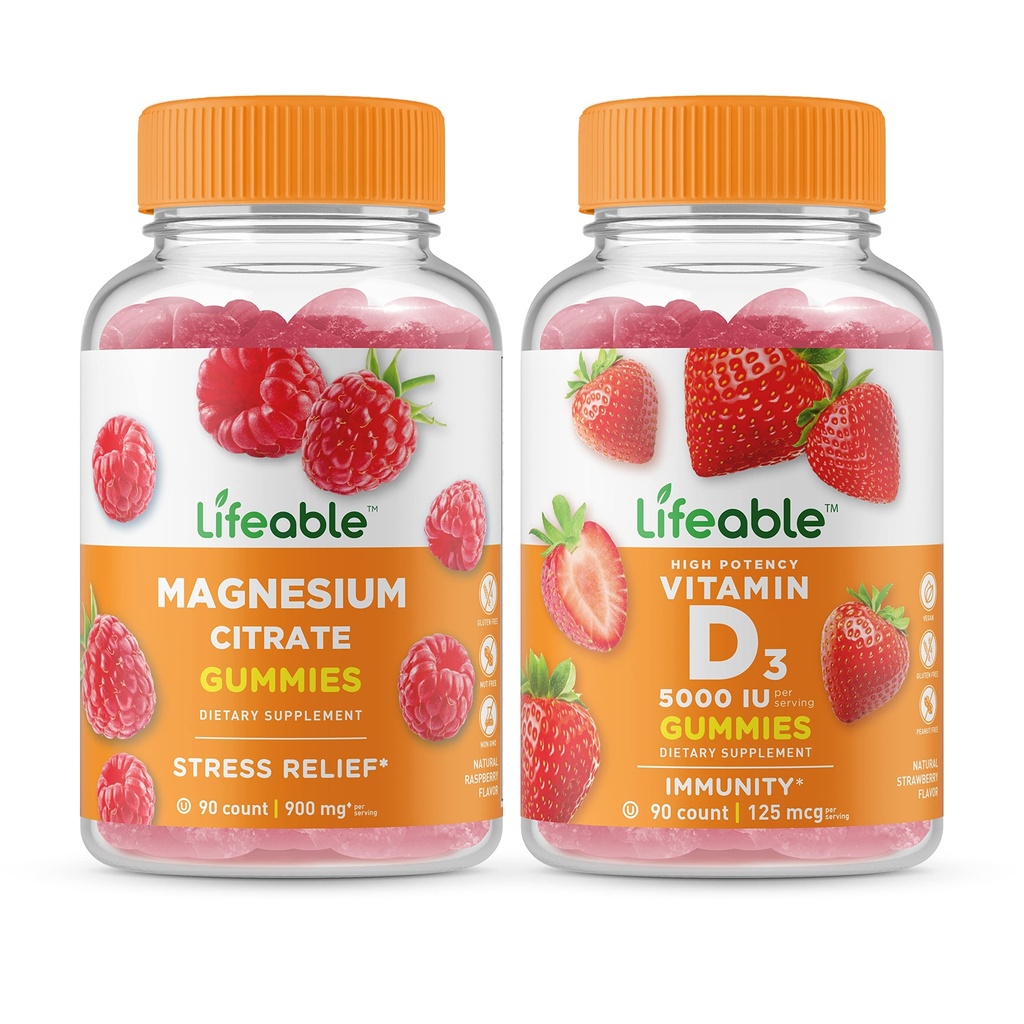 Ζωηρό μαγνήσιο + Βιταμίνη D 5000 IU, Gummies Bundle - Μεγάλη γεύση, συμπλήρωμα βιταμίνης, χωρίς γλουτένη, χωρίς ΓΤΟ, Μασώμενα Gummy