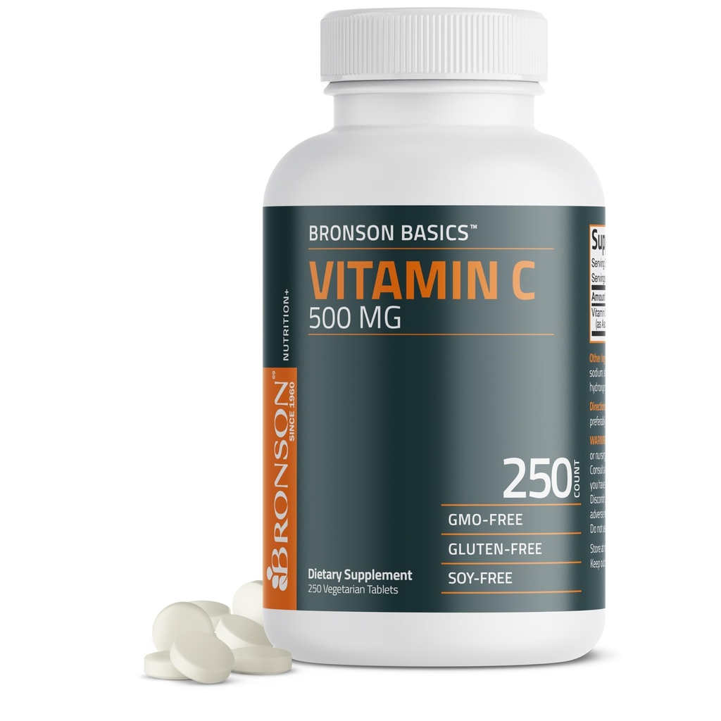 Bronson Βιταμίνη C 500 MG Υποστηρίζει ένα υγιές ανοσοποιητικό σύστημα & αντιοξειδωτική προστασία, μη ΓΤΟ, 250 χορτοφαγικά δισκία