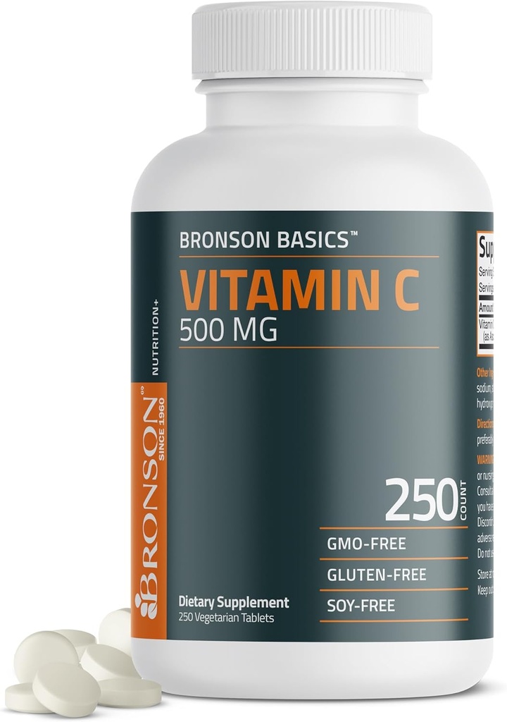 Bronson Βιταμίνη C 500 MG Υποστηρίζει ένα υγιές ανοσοποιητικό σύστημα & αντιοξειδωτική προστασία, μη ΓΤΟ, 250 χορτοφαγικά δισκία