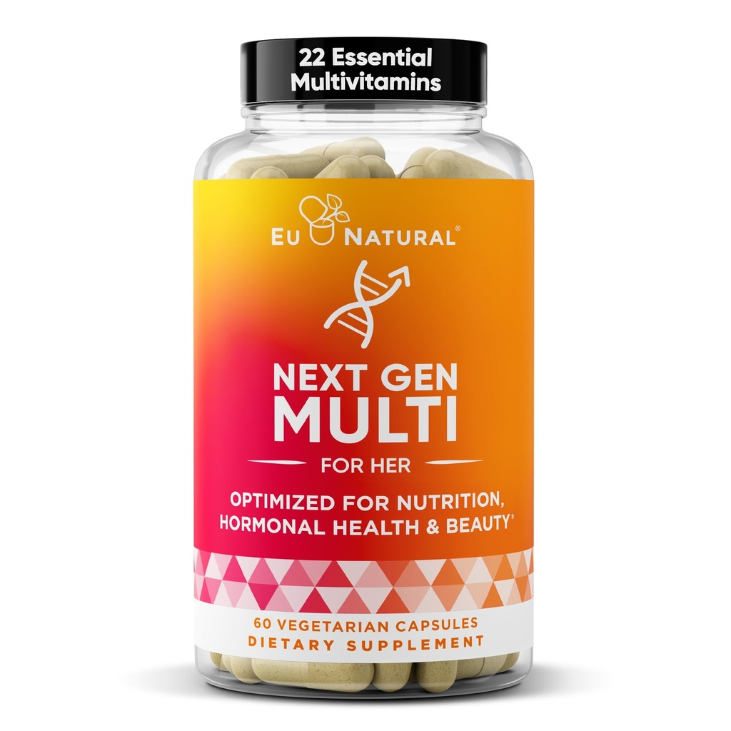 Eu Natural Next Gen Multivitamin for Women - 22 Optimized Vitamins for Immunity, Beauty, Brain, Energy, Bones and Heart - Vitamin C, D, E, K, Iron, B6 and DHA - 60 Vegetarian Soft Capsules