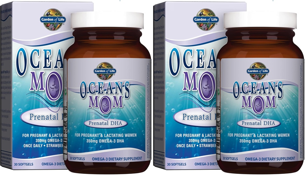 Garden of Life Oceans Mom Prenatal Fish Oil DHA, Omega 3 Supplement - Strawberry, 350mg Prenatal DHA Pregnancy Fish Oil Support for Mamas, Babys Brain & Eye Development, 30 Small Softgels(Pack of 2)