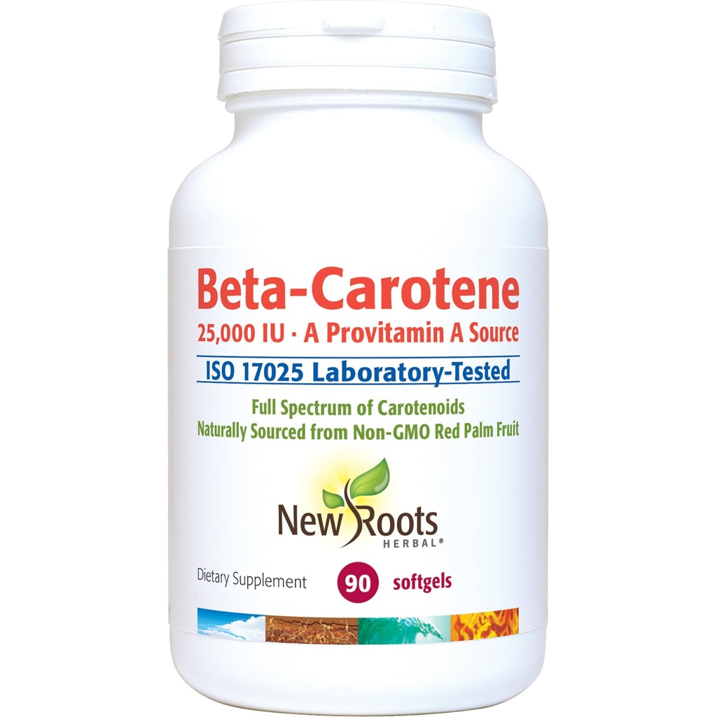 NEW ROOTS HERBAL Beta-Carotene 25,000 IU Supplements | Vitamin A (90 Softgels) | Full Spectrum of Carotenoids | Naturally Sourced from Non-GMO Red Palm Fruit + Organic Flax Seed Oil