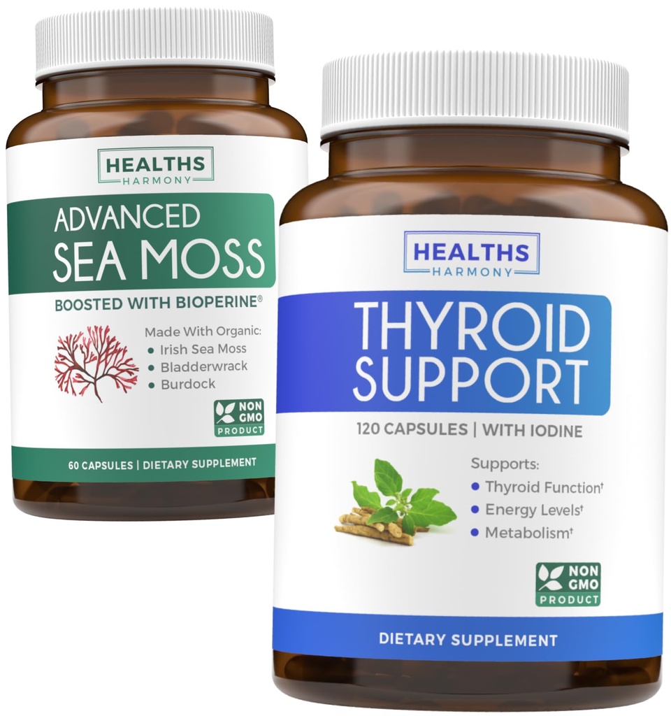 Thyroid Support & Sea Moss - Sea Moss Thyroid Care Pack - Thyroid Support with Iodine (120 Caps) & Irish Sea Moss Caps - Ακατέργαστο συμπλήρωμα Vegan με BioPerine (Non-GMO & Organic)