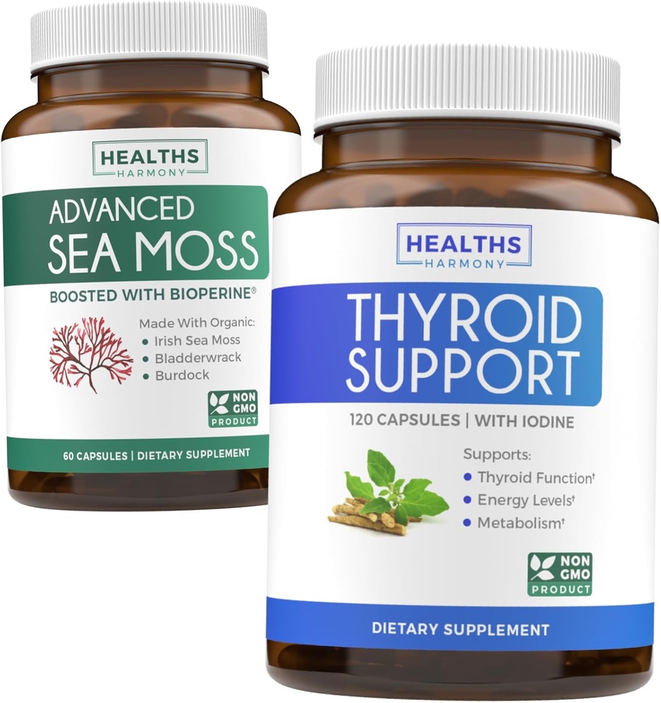 Thyroid Support & Sea Moss - Sea Moss Thyroid Care Pack - Thyroid Support with Iodine (120 Caps) & Irish Sea Moss Caps - Ακατέργαστο συμπλήρωμα Vegan με BioPerine (Non-GMO & Organic)