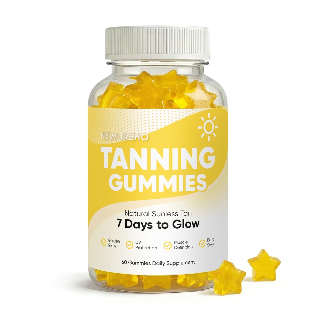Tanning Gummies, Natural Sunless Tan in 7 Days with Astaxanthin, Beta-Carotene & Mango Extract, Supports Melanin Production, Vegan & Sugar-Free, 60 Gummies