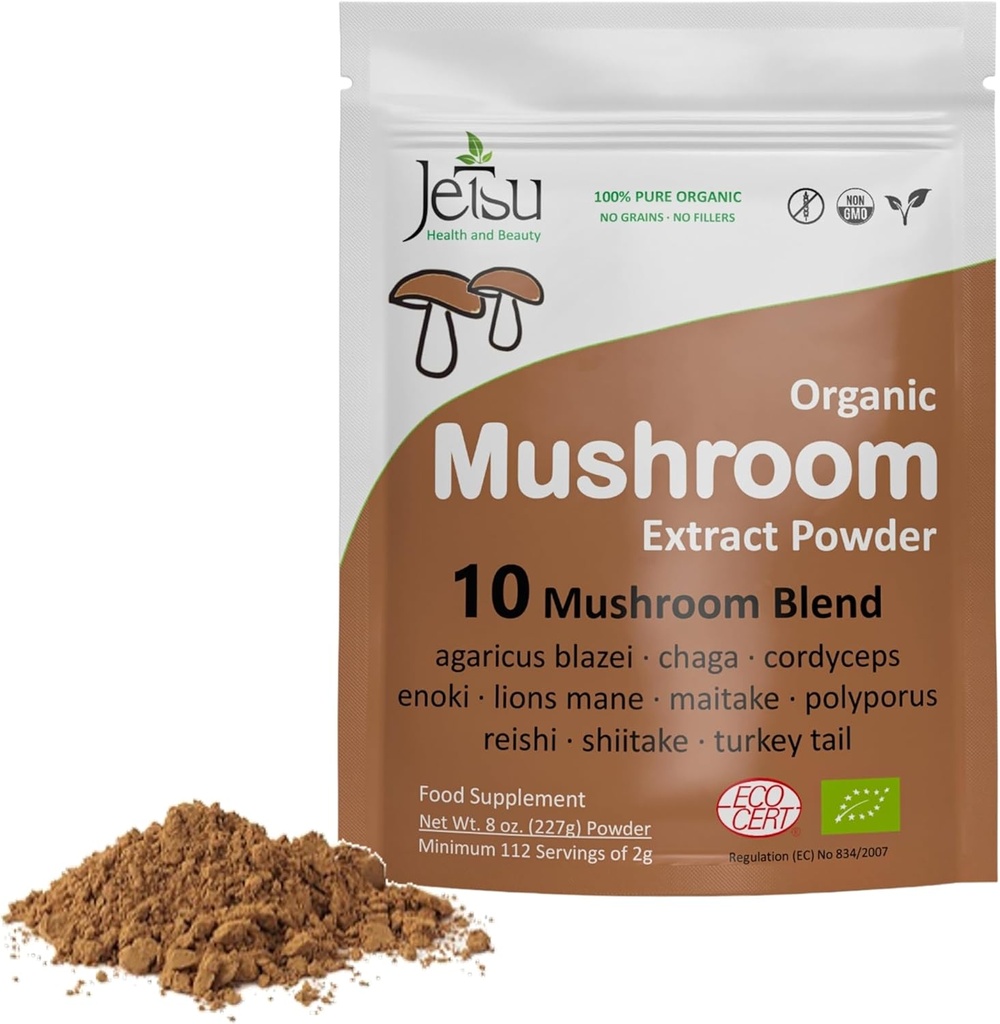 Mushroom Extract Powder - Powerful 10 Blend, Organic Lions Mane, Cordyceps, Reishi, Shiitake, Turkey Tail Mushrooms Nootropic Brain Supplement for Energy, Calm, Focus & Immune System Booster