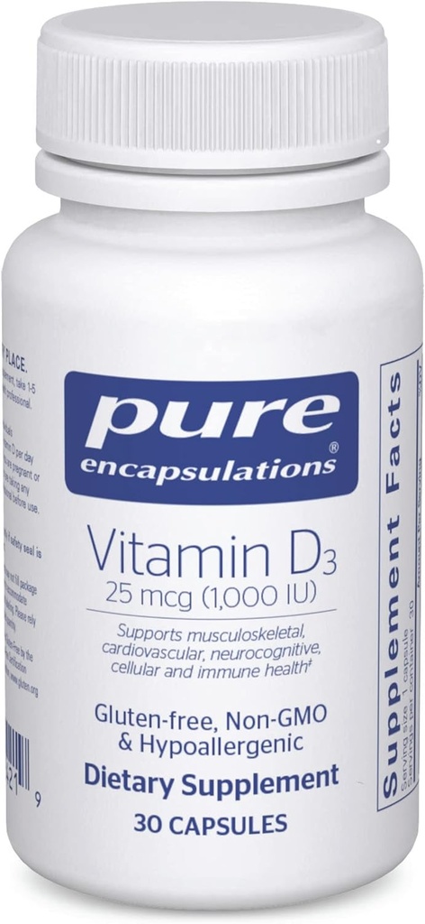 Pure Encapsulations Βιταμίνη D3 25 mcg (1. 000 IU) - Συμπλήρωμα Υποστήριξης Οστών, αρθρώσεων, μαστού, καρδιάς, παχέος εντέρου και ανοσοποιητικής υγείας - με Premium Βιταμίνη D - 30 κάψουλες