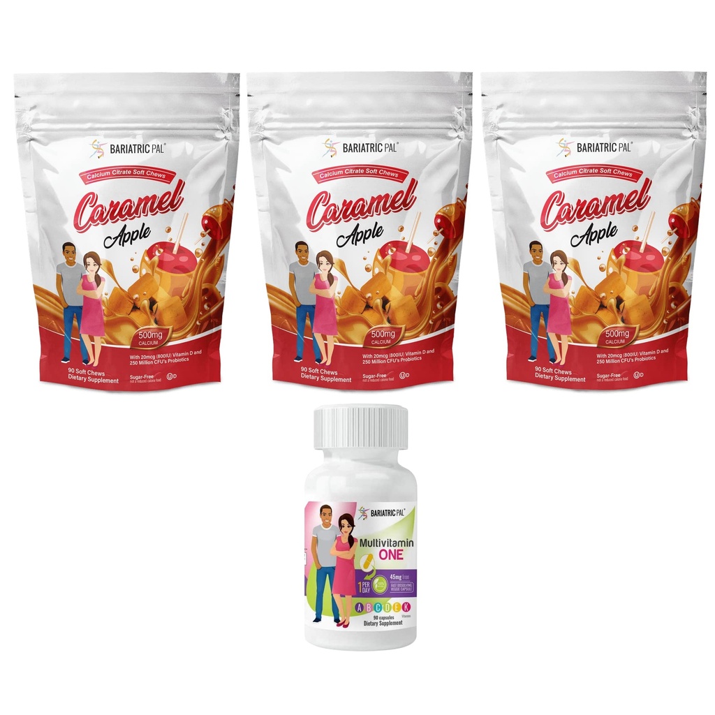 BariatricPal 90-Day Bariatric Vitamin Bundle (Multivitamin ONE 1 per Day! Capsule with 45mg Iron and Calcium Citrate Soft Chews 500mg with Probiotics - Caramel Apple)