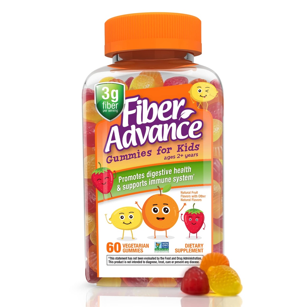 Fiber Advance Gummies for Kids | 100% Plant Based Fiber Supplements for Digestive Health | Prebiotic Fiber Gummies | Vitamins for Kids | Gluten Free, Vegetarian, & Non-GMO, 60 Count