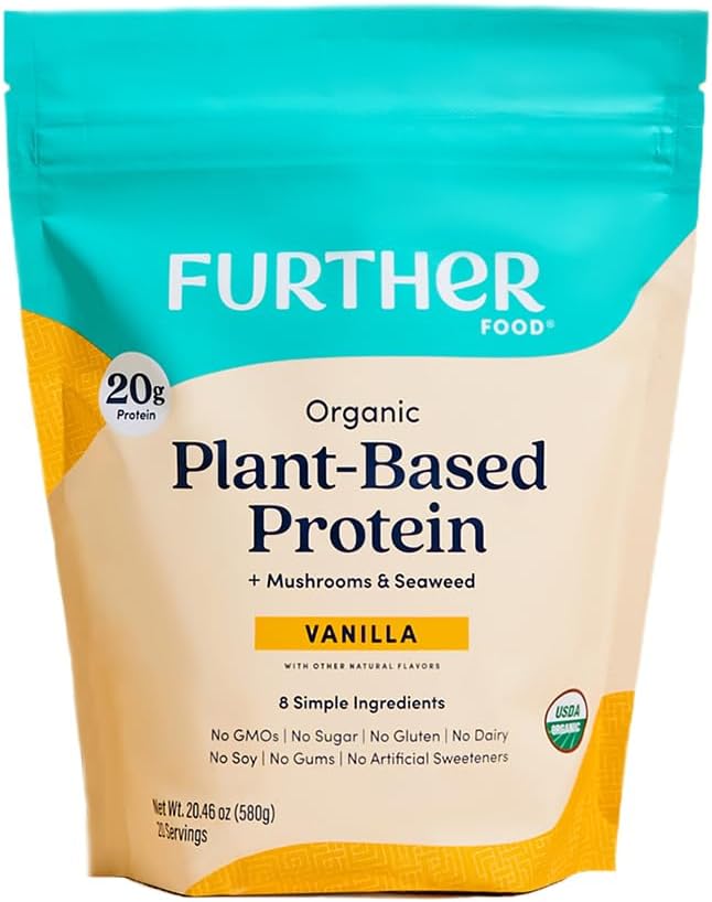 Περαιτέρω βιολογικά τρόφιμα Vegan Protein Powder Vanilla - 20g φυτικής πρωτεΐνης, οργανικής πρωτεΐνης σκόνης με μανιτάρια & φύκια, Vegan, μη ΓΤΟ, χωρίς γλουτένη, χωρίς γαλακτοκομικά 19.05 Oz