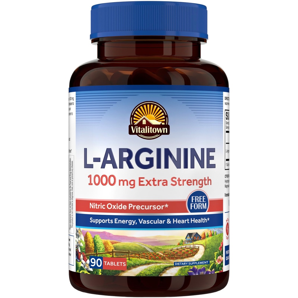 Vitalitown L-αργινίνη για άνδρες & γυναίκες, 1000 mg, Nitric Oxide Booster συμπληρώματα, χωρίς γλουτένη, μη ΓΤΟ, αντοχή, προπόνηση, υποστήριξη ροής αίματος, 90 δισκία