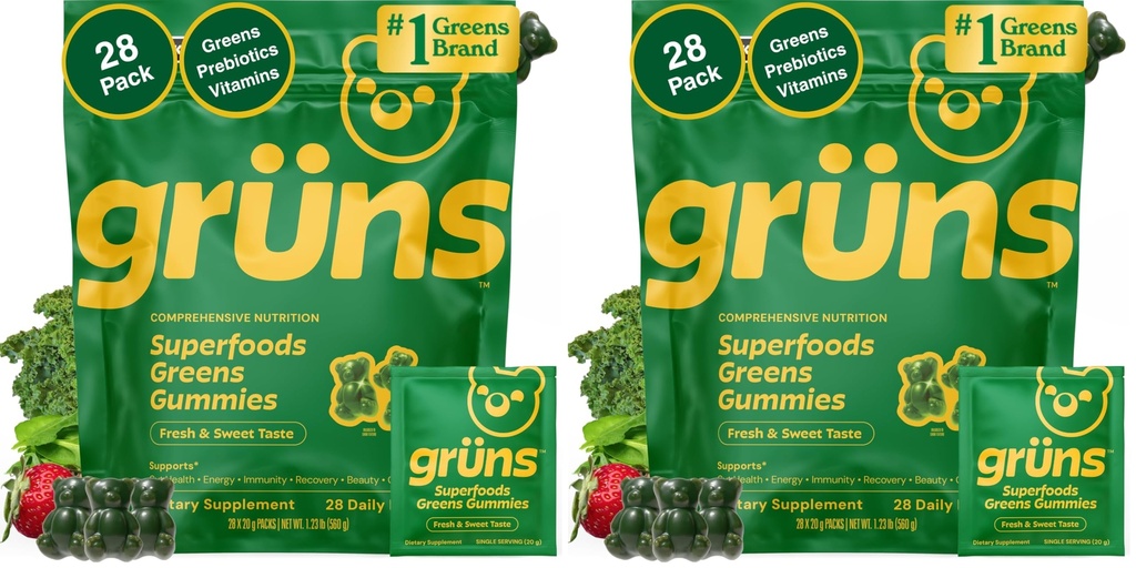 Gruns Adult Super Greens Multivitamin Gummies, Superfood Gummy Vitamins for Women and Men with Spirulina, Chlorella, Adaptogens & Prebiotic Fiber for Digestive Health (28 Count) (Pack of 2)