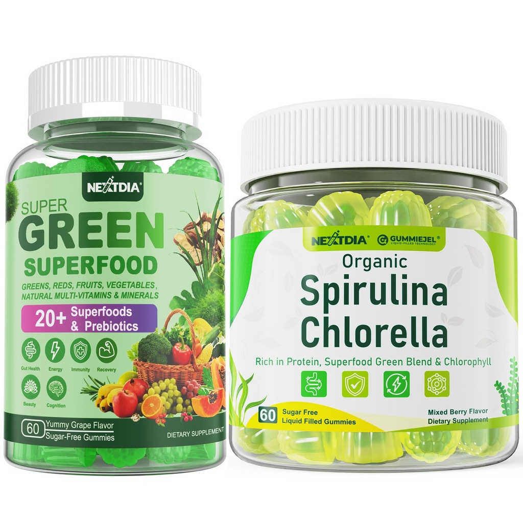 Organic Spirulina Chlorella Gummies 1 Pack + Super Greens Gummies 2 Pack