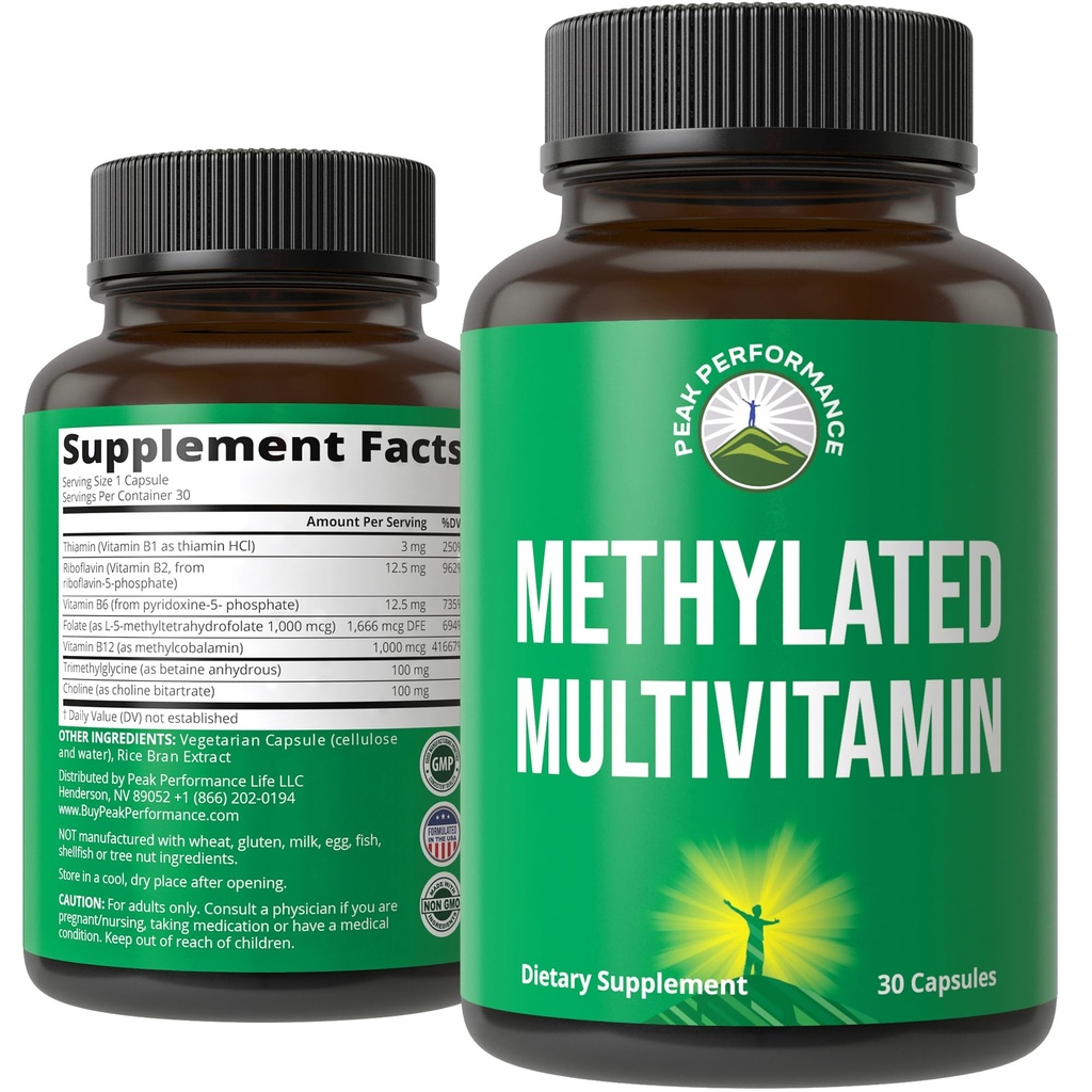 μεθυλιωμένη πολυβιταμίνη + μεθυλιωμένο B Complex Supplement. Με τριμεθυλογλυκίνη (TMG), L μεθυλοφολικό, Μεθύλιο B12 + B1 + B2 + B6 Βιταμίνες + Χολίνη. Συμπλήρωμα MTHFR για γυναίκες και άνδρες.