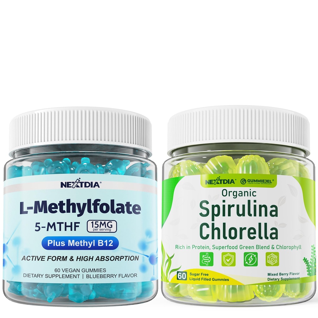 Nextdia Spirulina Chlorella, L-MethylFolate 15mg & Methyl B12 Gummies, 2Pack