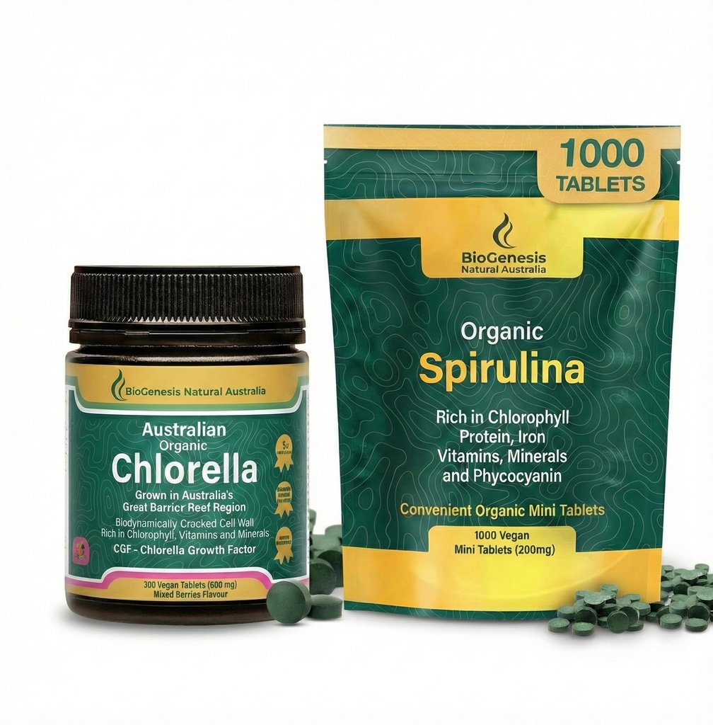 Biogenesis Total Wellness Green Stack: Spirulina Mini Tablets (1000 Count, 200mg) & Chlorella Tablets (300 Count, 500mg) – Plant-Based Energy, Immunity & Detox Support – Vegan, Non-GMO – 2 Pack Kit