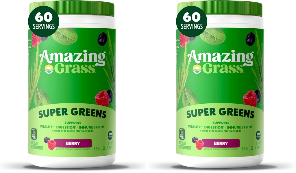 Amazing Grass Super Greens Powder,Organic,Greens Superfood Powder,Smoothie Supplements,Supports Digestion,Probiotics,Spirulina,Beet Root,Berry,60 Servings,16.9 Ounce (Packaging May Vary) (Pack of 2)