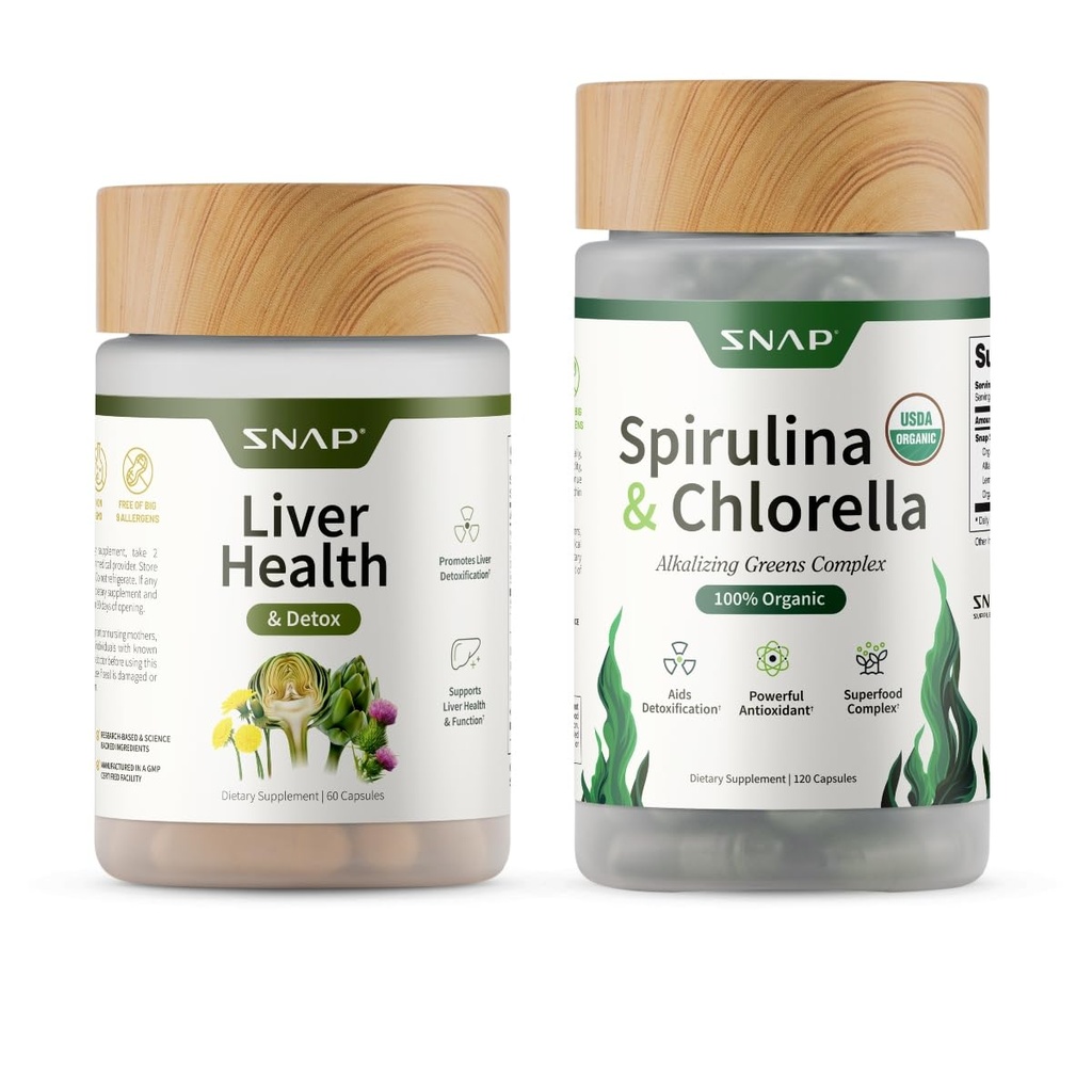 Snap Supplements Liver Health + Organic Spirulina and Chlorella Bundle | 60 + 120 Capsules, Milk Thistle Silymarin Liver Support, USDA Organic Spirulina & Chlorella, Non-GMO, Vega, Gluten-Free