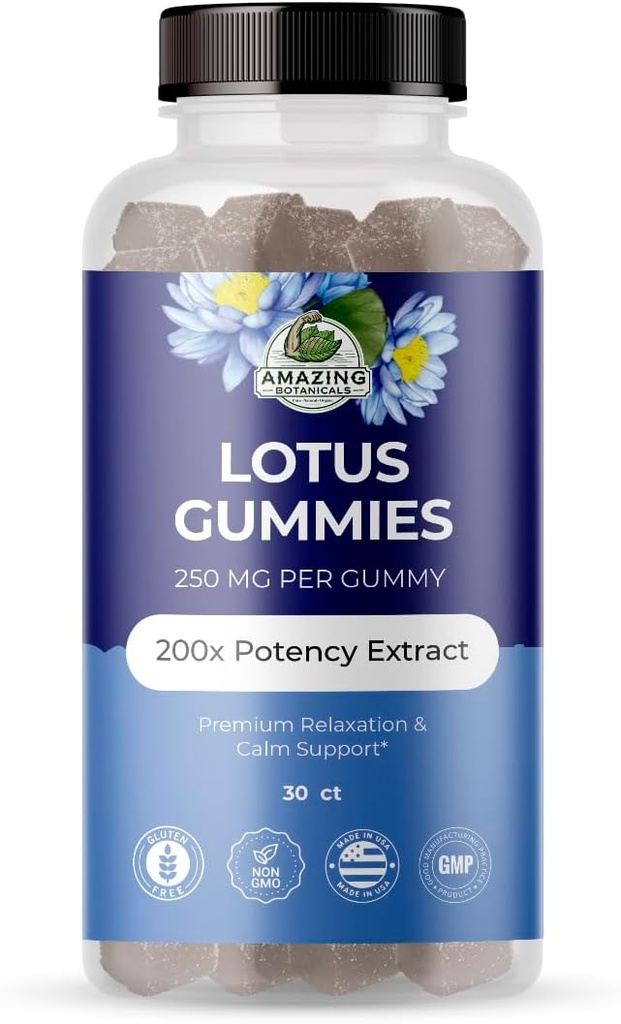 Amazing Botanicals Blueberry Lotus Flowers Gummies – Premium Relaxation & Calm Support – Vegan, Μη ΓΤΟ, χωρίς γλουτένη συμπλήρωμα βοτάνων, 250MG - Berry Flavor (30 Count)