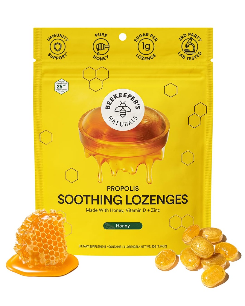Soothing Honey Cough Drops - Immune Support with Vitamin D, Zinc and Propolis - by Beekeeper's Naturals - Throat Soothing Lozenges, 14 Ct