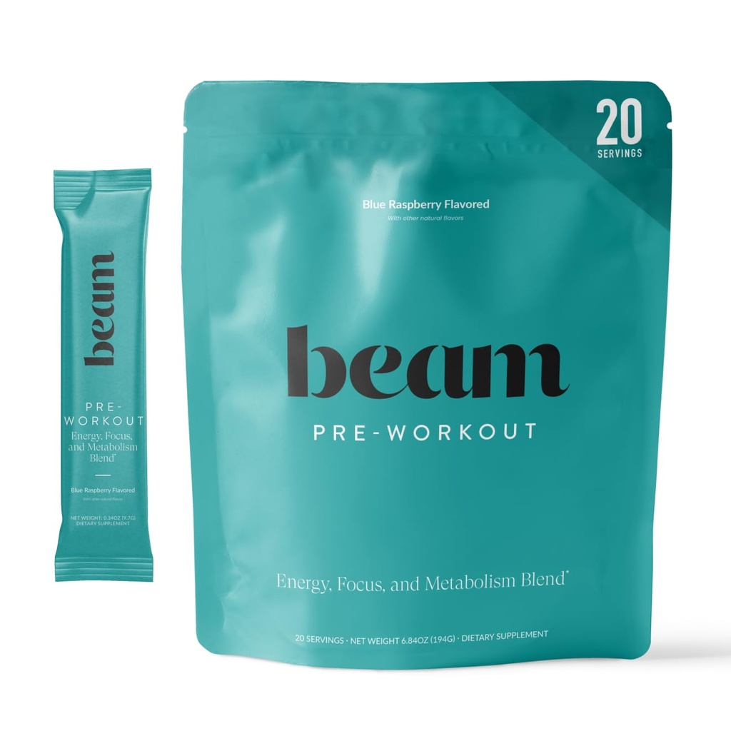 Beam Pre Workout Powder – Pre Workout Supplement with Organic Caffeine, 350 mg Electrolytes & Nootropic Focus Support, No Sugar, Pre Workout for Women & Men, Blue Raspberry Flavor, 20 Servings