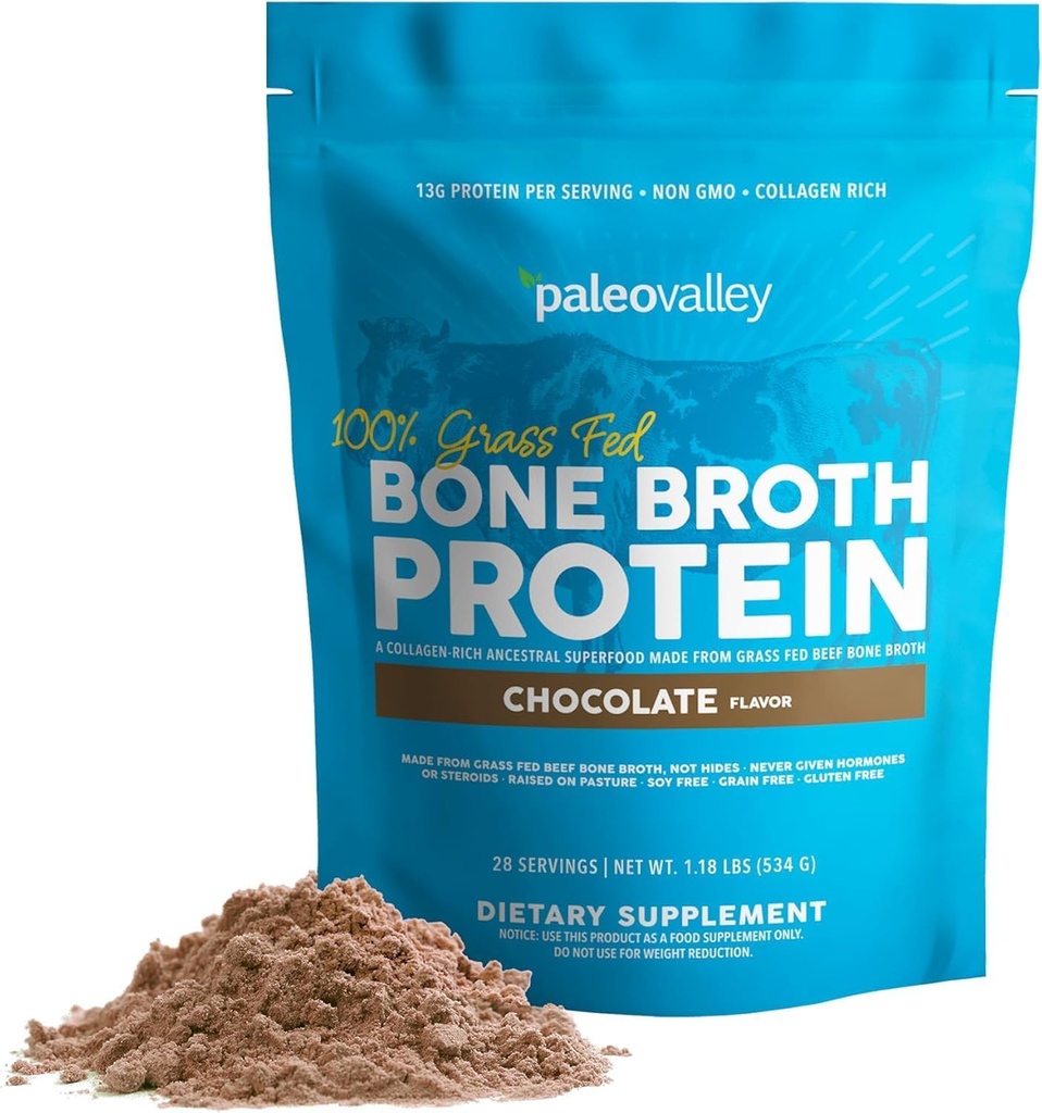 Paleovalley 100% Grass Fed Beef Bone Broth Protein Powder - Rich in Collagen Peptides for Hair, Skin, Gut Health, Bone and Joint Support - 15g Protein Per Serving - No Gluten or GMOs - Chocolate