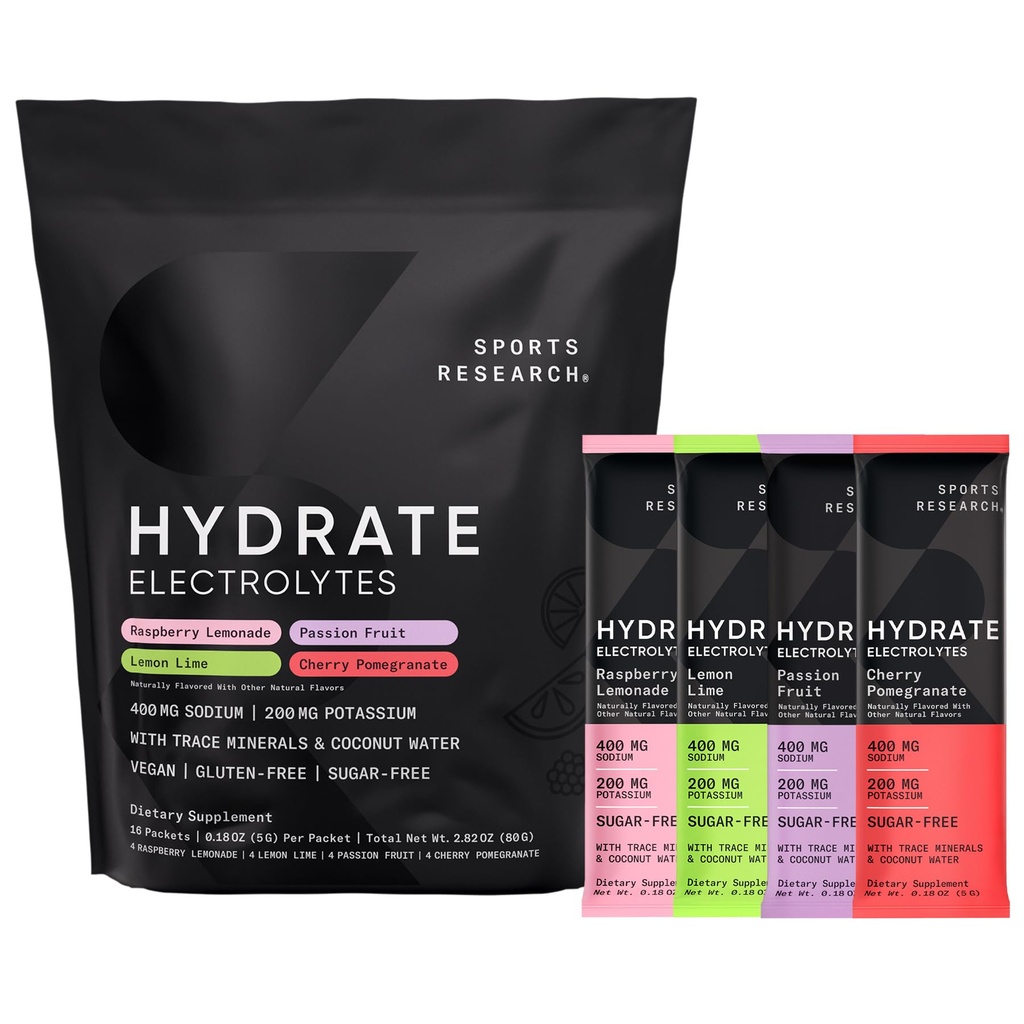 Sports Research® Hydrate Electrolytes Powder Packets - Χωρίς ζάχαρη & φυσικά αρωματισμένο με βιταμίνες, ορυκτά και νερό καρύδας - Υποστηρίζει ενυδάτωση - 16 πακέτα - Ποικιλία Pack