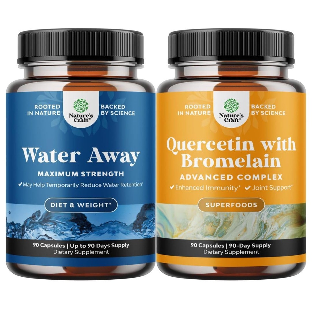 Bundle of Water Away Herbal Diuretic Pills High Strength with Dandelion Leaf Extract & Green Tea for Bloating Relief and Pure Quercetin with Bromelain Supplement for Immune Aid - High Potent 500mg