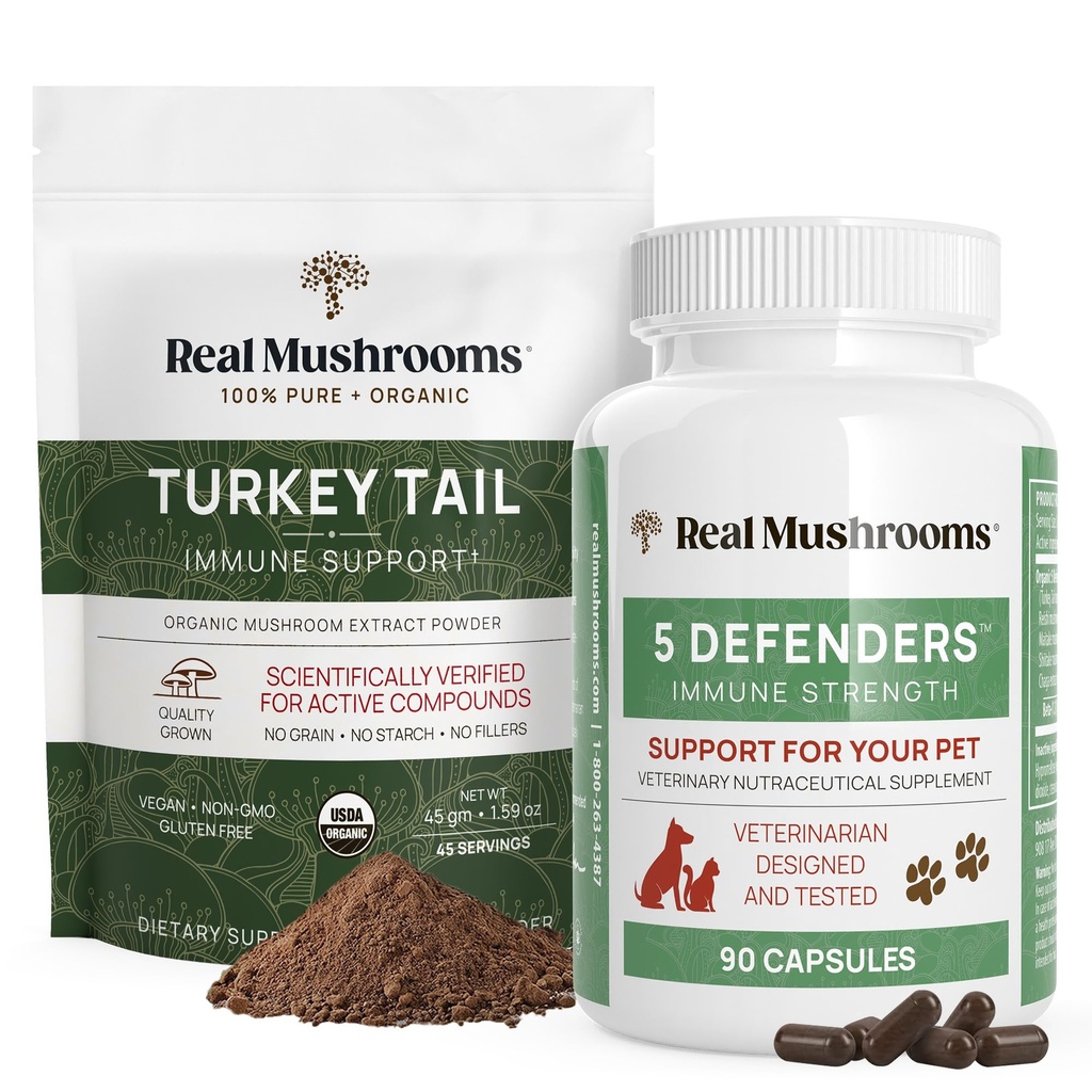 Real Mushrooms Turkey Tail Powder for Humans (45 Servings) & Turkey Tail for Pets (90ct) - Σκόνη & Κάψουλες Δέσμη για Ανοσολογική Υποστήριξη - Vegan, Μη ΓΤΟ, Χωρίς Σπόρο, Χωρίς Γλουτένη