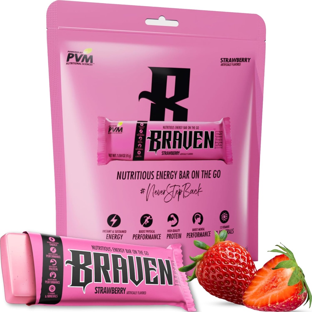 Braven Bar Strawberry Energy Bars (1,59 oz, πακέτο των 10) – Energy Chews Εναλλακτική με 5g πρωτεΐνη – On-the-Go Snacks για τρέξιμο, πεζοπορία και αθλήματα - Χωρίς γλουτένη Σνακ - Bars Protein