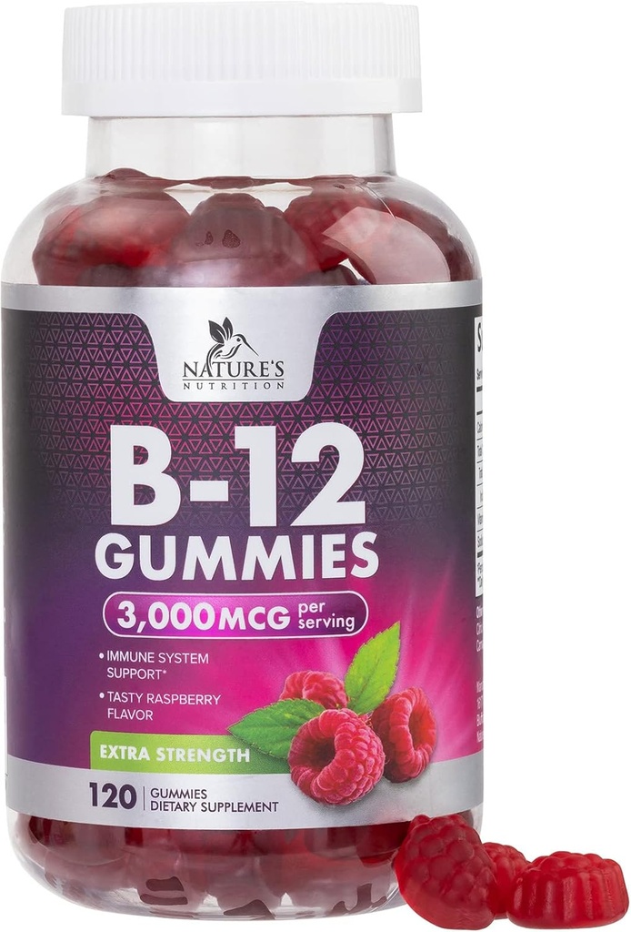 B12 Vitamins Energy Gummies 3000 mcg - Extra Strength B 12 Gummy for Movembol & Immune System Support - Chewable Dietary B12 Συμπληρώματα για ενήλικες & παιδιά Caffeine Free Gummy Vitamin - 120 Gummies