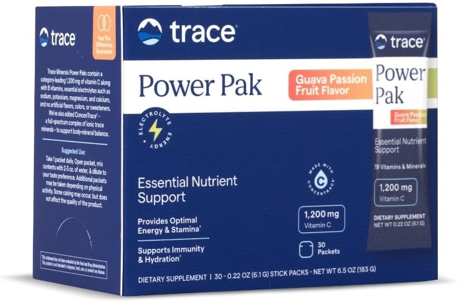 Trace Minerals Power Pak Multivitamin and Multimineral Packets - Electrolyte Support - 1200 mg Vitamin C Plus 70 Guava Passion Fruit Flavor - 30 Packets