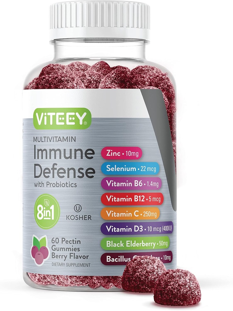 Viteey Multivitamin Gummies 8 in 1 Συμπλήρωμα Ανοσολογικής Υποστήριξης με Προβιοτικά - Ανοσοποιητικά Αναμνηστικά για Ενήλικες & Έφηβοι - Χορτοφαγικά, Ζελατίνη Δωρεάν, GMO Δωρεάν - Μασώμενα Berry Γεύση Πεκτίνη Ανοσοποιητική Άμυνα