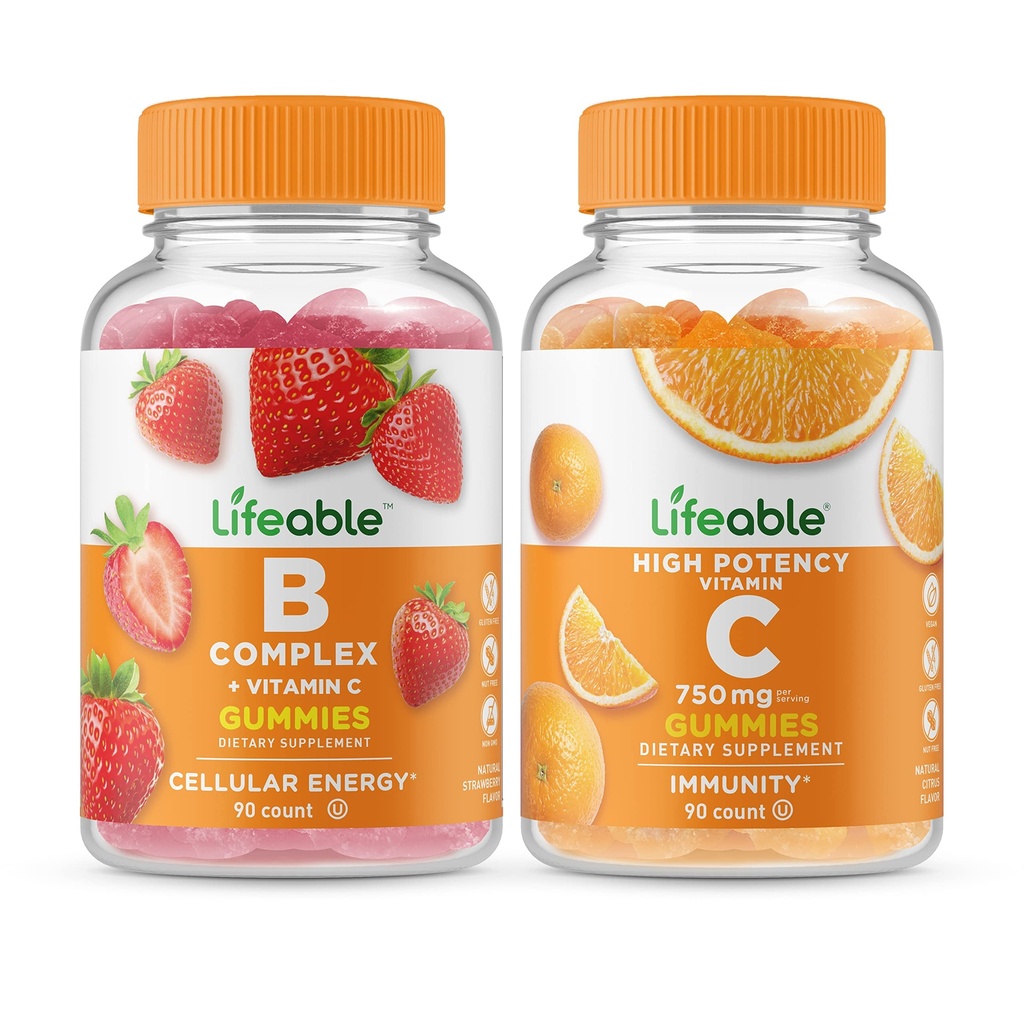 Βιώσιμο σύμπλεγμα Β + βιταμίνη C 750mg, Gummies Bundle - Μεγάλη γεύση, συμπλήρωμα βιταμίνης, χωρίς γλουτένη, χωρίς ΓΤΟ, Μασώμενα