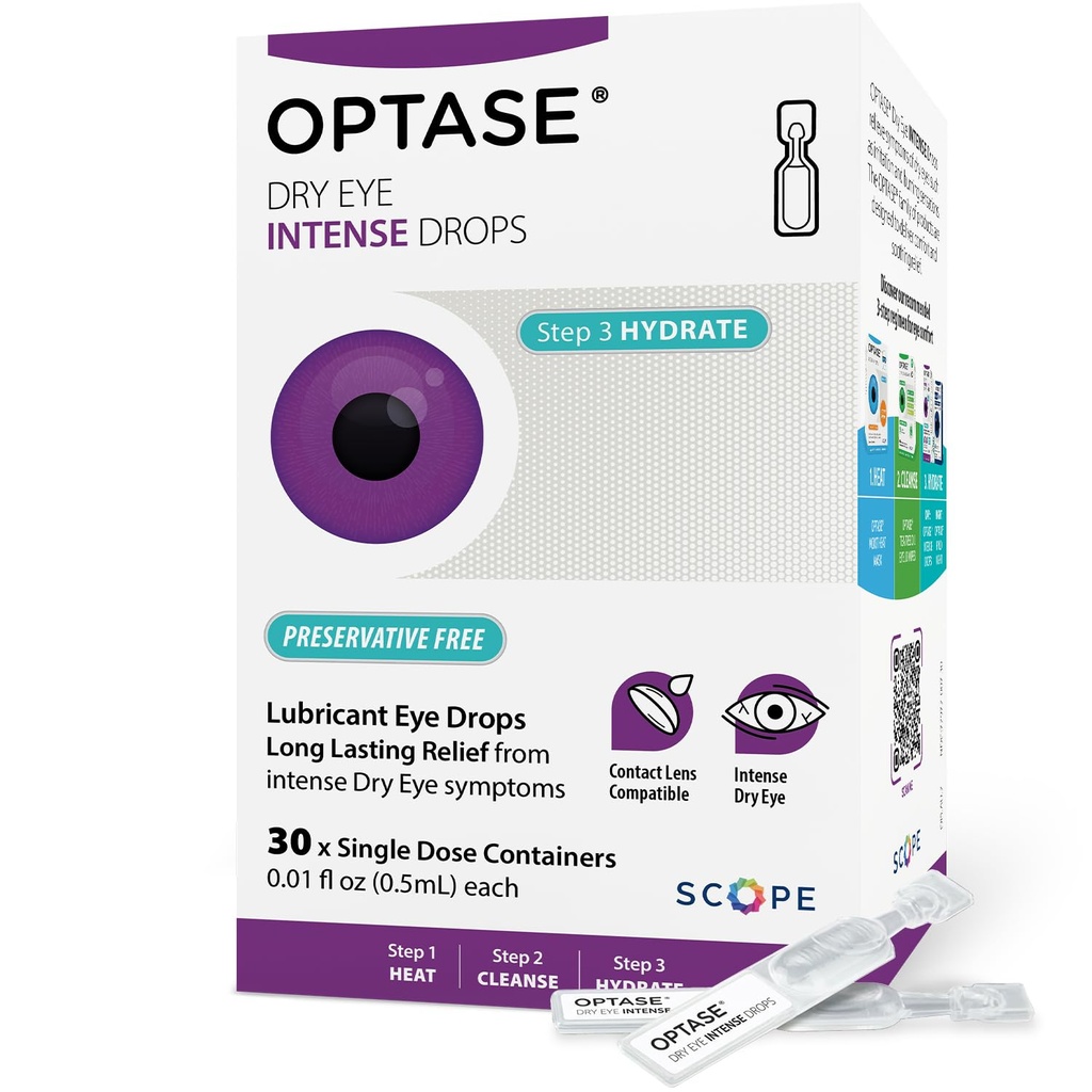 Optase Dry Eye Intense Drops, 30 Single Dose Vials – Preservative Free Eye Drops for Dry Eyes – Moderate to Severe Artificial Tears - Contact Lens Compatible - .01 fl oz per Vial